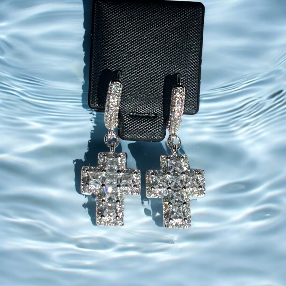 Silver Drop Earrings with Sparkling Stones and Geometric Design